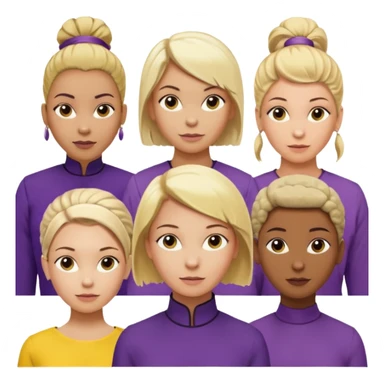 5 person team; 2 men and 3 women.  All dressed in yellow or purple.  1 caucasian woman with blonde mid length hair. 1 caucasian woman with blonde short length hair. 1 caucasian woman has ash blonde hair tied up. 1 man is African-american and bald, 1 man is caucasian and very little hair left.  
 sticker