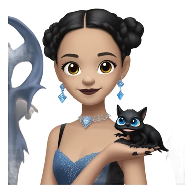 relaxed low-cut back silky black evening ball gown with lace gloves, Jenna Ortega as Wednesday Addams wearing a mini diamond tiara showing off a cute blue horned dragon hand puppet sticker