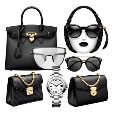 bags and watches, and glasses, all black and white put together like a bundle with no face, all luxury items like lv, prada, and cartier, and rolex, but one of everything not two sticker