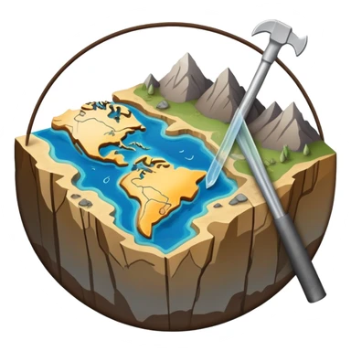 An icon featuring a crowbar and a geological map, and layers of Earth’s crust, symbolizing geology. The design includes mineral samples, fossils, and tectonic plates, representing the study of Earth’s structure and natural processes. Transparent background highlights geological exploration sticker