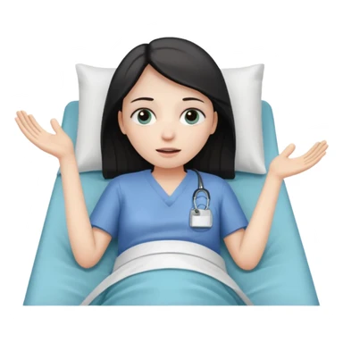 person lying in hospital bed with their eyes open holding up their left hand sticker