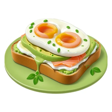 avocado toast with salmon and pachot eggs, green cream is covering everything sticker