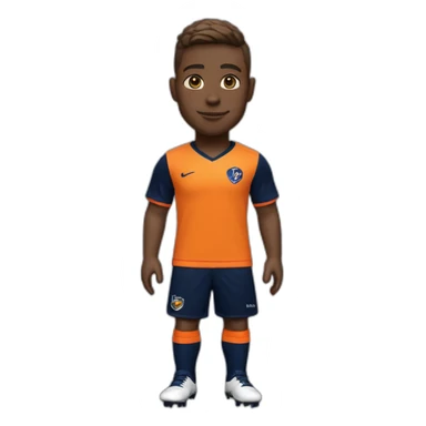 Soccer player in tangerine top with navy sleeves, navy shorts with tangerine flash, navy socks with tangerine flash  and orange kit sticker