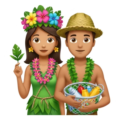 Hawaiian woman man with leaf hat and big trash net and colorful cloth sticker