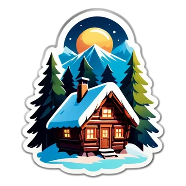 Schneebedeckte Hütte im Wald mit einem Glasdach Nordlichter am Himmel sticker