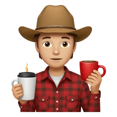 generate an ios genmoji of a 20 year old tan boy with a cowboy hat and side burns. Wearing a flannel and carrying a coffee mug sticker