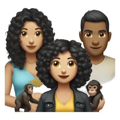 a woman with a monkey and a gorilla on her shoulder, the girl has black curly hair, light skin  sticker