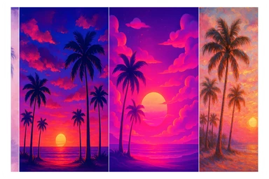 a dreamy pink paradise with palm trees, soft clouds, and a glowing sunset, in four distinct visual interpretations sticker