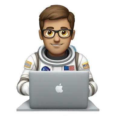 Man in glasses and an astronaut suit working on a MacBook.He has short brown hair and a friendly expression. sticker