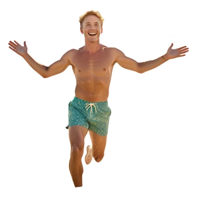A white man running into the ocean with arms wide open, embracing the waves and the moment. The sun shines warmly, and the water sparkles, symbolizing the joy of creating fun and appreciating life’s simple moments. Their footprints in the sand fade as they fully immerse themselves in the present. sticker
