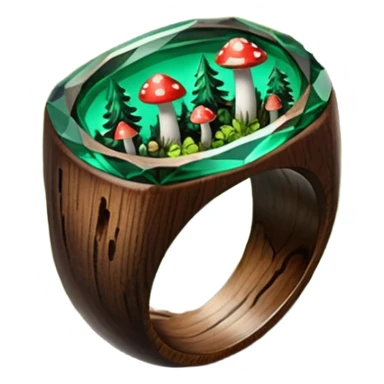 dark wood ring with epoxy resin in forest green pines and mushrooms crystal sticker