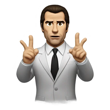 Generate an emoji-style version of the Confused Travolta meme featuring a simplified, cartoon-like representation of John Travolta's character from Pulp Fiction. The figure should have a puzzled expression, with slightly raised eyebrows and an open hand gesture. The background should be minimalistic, with soft shading to enhance the 3D effect, and the character should wear a black suit with a white shirt.  sticker