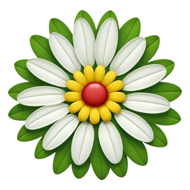 A fifteen-petalled daisy with green, red and white petals and a yellow centre.
Only the face of the daisy should be visible. sticker