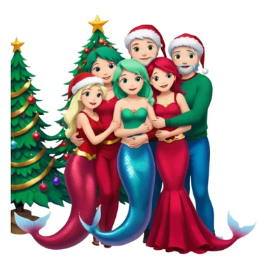 Generate Christmas-style emojis  family. Where light-skinned people stand near the tree all together, hugging and smiling.  girl should be Light-haired woman, mermaid woman, black-haired woman, and 1 man . Add 4 people: Mother, Sister, Sister, Brother  sticker