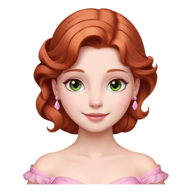 Cinematic Radiant Sleeping Beauty Portrait Emoji, rendered in a realistic, vector style with clean proportions. Show Aurora with a gentle smile, porcelain skin, and beautifully styled auburn hair, wearing her classic pink gown. The image glows with a soft, inviting radiance and high shine, accentuated by a soft glowing outline that enhances her graceful charm. sticker