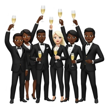 Un equipo cin trajes negros, personas blancos y negros de ventas celebrando un logro con un brindis. El fondo negro totalmente  sticker