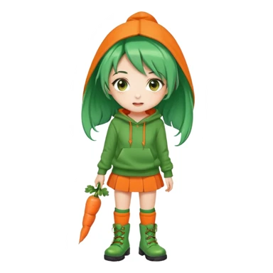 cute green-haired girl with orange eyes, wearing an orange hoodie, green skirt, orange knee socks, and green boots, with a small carrot accessory on her head, big expressive eyes, simple emoji face, round head, clean vector style sticker