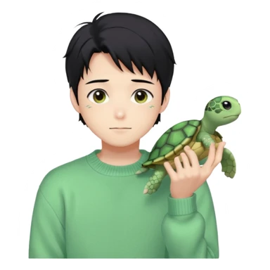 Gorgeous pastel green sweater black hair anime style shojo guy with blushing face and, turtle, aesthetic, trending style outside  sticker