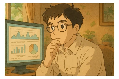 man wearing glasses and looking at data, ghibli style sticker