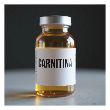 hyperrealistic 4K medicinal vial with a clearly visible label showing the word 'CARNITINA' in large block letters sticker