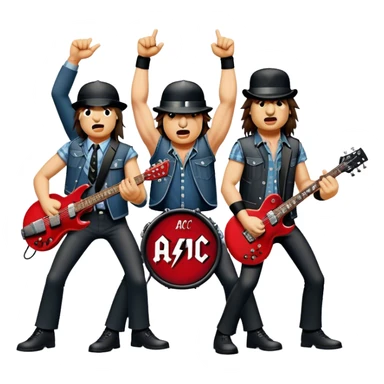 Cinematic Realistic AC/DC Band Emoji, depicted as a high-energy rock ensemble with electrifying stage presence and gritty textures, rendered with bold vibrant lighting that captures the raw power and rebellious spirit of their music. sticker