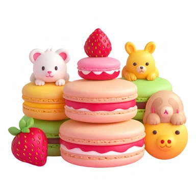 A 3D iOS style emoji of a pink macaron with a strawberry on top and three cute animals peeking out from between the layers. The macaron should have a glossy finish and soft shadows, with a light beige background and small yellow stars scattered around. sticker