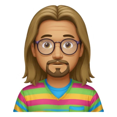 Marc Rebillet with long hair, round glasses and goatee sticker