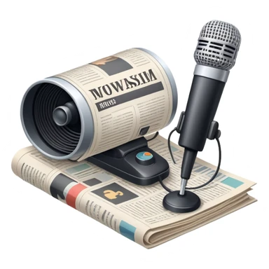 An icon featuring a microphone, a newspaper, a reporter’s camera, and soundwaves, representing journalism and mass media. The design includes headlines and imagery, symbolizing the spread of news and information. Transparent background highlights the power of communication and media. sticker