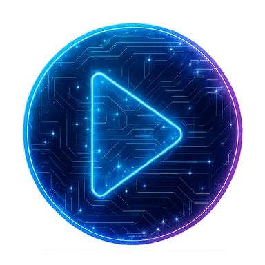 Transform the media player icon into a cyberpunk, holographic style with glowing neon blue and pink edges, circuit patterns throughout the entire icon, and a transparent background. Maintain the recognizable circular shape and play button, overlaying neon and circuit effects in a consistent futuristic, clean cyberpunk glow with intricate circuit details. sticker