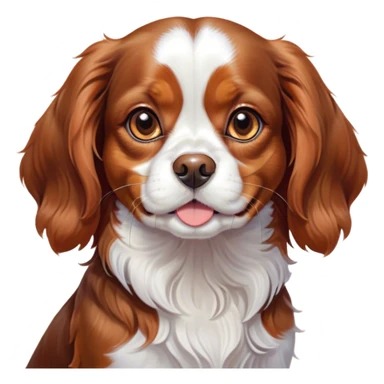 Cinematic Cute Blenheim Cavalier King Charles Spaniel Portrait Emoji, Head tilted playfully and inquisitively, silky Blenheim coat with warm chestnut and crisp white patches, round, sparkling brown eyes filled with curiosity, Simplified yet irresistibly adorable features, highly detailed, glowing with a warm, friendly glow, high shine, affectionate and lively, stylized with a touch of whimsy, bright and endearing, soft glowing outline, capturing the essence of a mischievous yet loving pup, so playful it feels like it could pounce out of the screen and into your arms! sticker