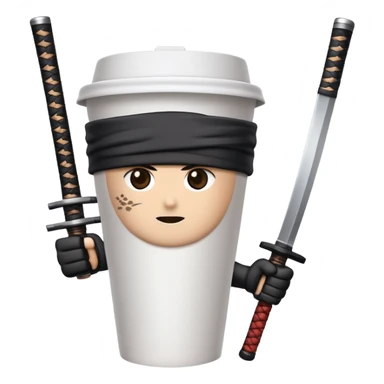 A paper coffee cup with arms and eyes, wearing a black ninja headband and wielding a samurai katana sticker