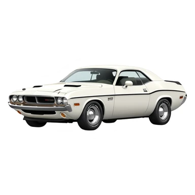 Precisely proportioned white 1971 Dodge Challenger, consistent 30-degree angle showing correct perspective of front and side, authentic muscle car structure, completely white exterior, iOS emoji style sticker