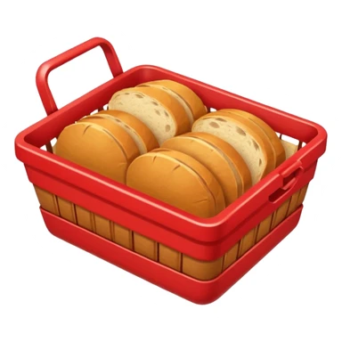 bread basket emoji top view almost empty except one crumb, small red battery icon (5% charge) in upper right corner, bold outlines, flat color palette, gentle gradients, emoji style sticker