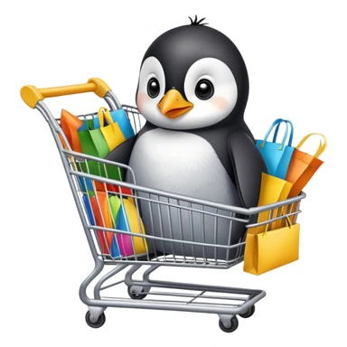 cute baby penguin sitting in a shopping cart filled with shopping items and colorful shopping bags sticker