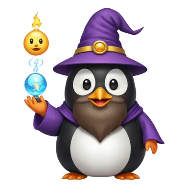 chubby penguin wizard with a long beard holding a glowing orb, emoji style sticker