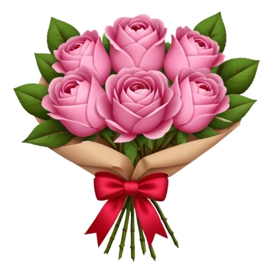 Bouquet of pink flower like rose and peony wrapped in kraft paper with red bow sticker