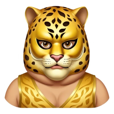 a fat man, with a vest,  wear half-face golden panther masquerade mask sticker