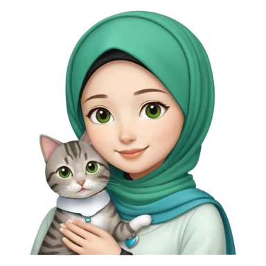 Asian White girl wearing cute green hijab wearing white dress holding a black grey tabby cat while smiling. The cat is wearing a blue collar sticker