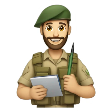 pale brown bearded israeli flag IDF soldier happy holding notebook and pen and stationary sticker