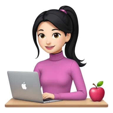 a woman with long sleeve turtle neck top and smile, her hair is long black pony tail, her eyes color are black and the color of her lip is soft pink with apple notebook (macbook). her jab is digital designer. sticker