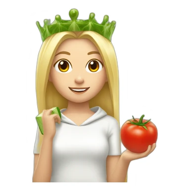 blonde girl  eating  cucumber and tomatoes with white hoodie iridescent and a crown princess sticker