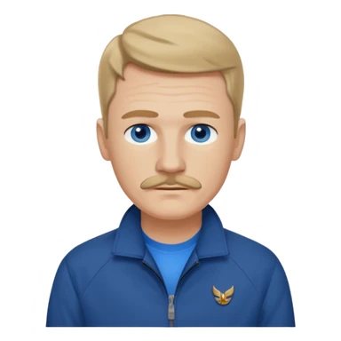 Coach Heider from Mysterious Skin with blue eyes, dark blonde hair and thin mustache, dark blue shirt, white jacket sticker