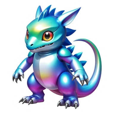 white iridescent colorful metallic alloy gradient shiny glossy Fakémon-Digimon-creature-hybrid (full body) sticker