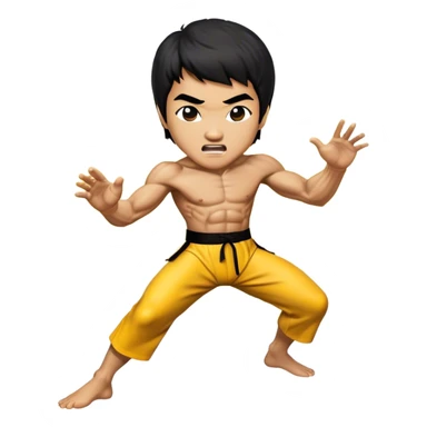 Cinematic Realistic Bruce Lee Portrait Emoji, depicted as a dynamic martial arts icon with an intense gaze and athletic physique caught in a fluid motion, rendered with vivid textures and energetic lighting that embodies his legendary prowess. sticker
