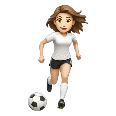 Caucasian girl with brown long hair running with a soccer ball wearing White short and black shorts sticker