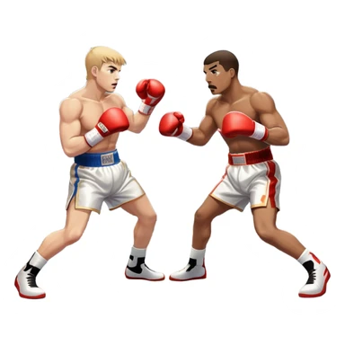 Two professional boxers in the ring fighting for the world championship title. One delivers a powerful straight punch to the head, while the other skillfully dodges. The background shows a brightly lit boxing arena with a roaring crowd. Transparent background sticker