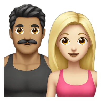 A guy with white skin, black hair, and a mustache with a blonde girl going to the gym sticker