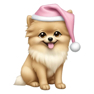 beige pomeranian puppy full body light blue eyes pink christmas hat on sticker