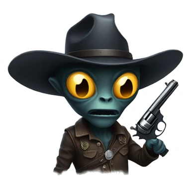 a dark hued alien holding a gun wearing a cowboyhat sticker