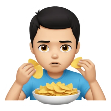 a PRETTY BRATZ boy with black hair, stuffing his face with chips and looking sad sticker